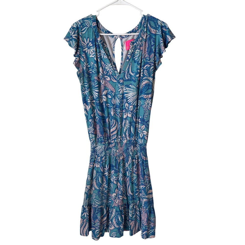 Lilly Pulitzer Teal Pink Starfish Shell Print Smocked Waist Dress Medium